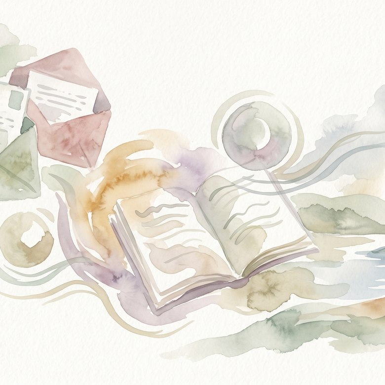 Watercolor illustration of an open book with envelopes and flowers on a white background