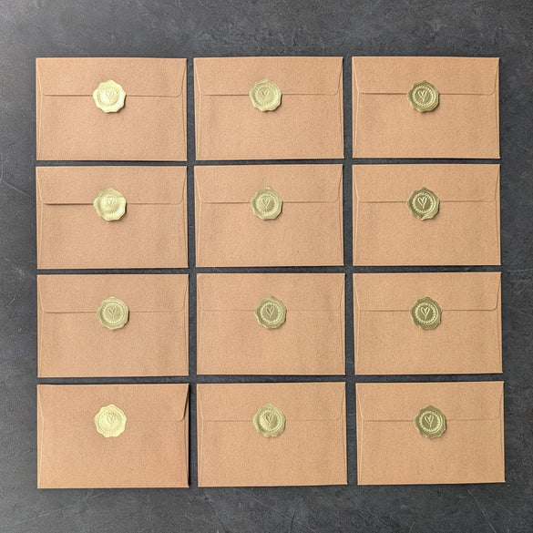 Grid of 12 brown envelopes with wax seals on a dark surface. one envelope for every month of the year